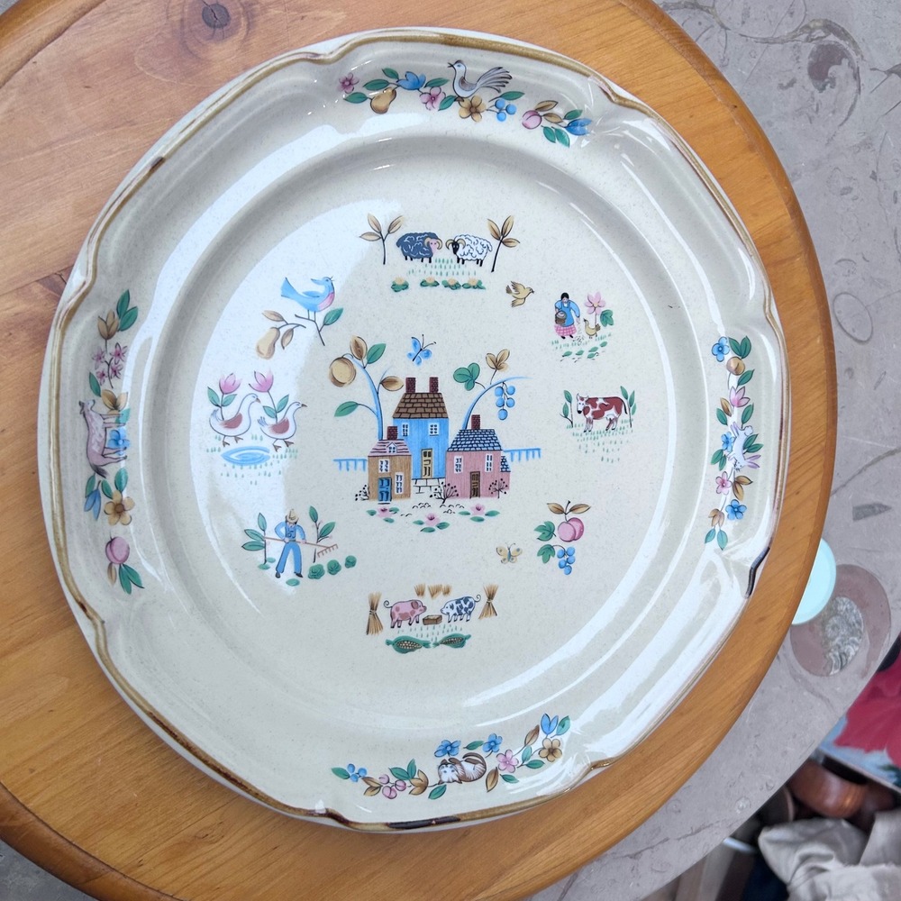 Vintage Heartland Chop Plate Platter Large 12" Tan Folk Art International China